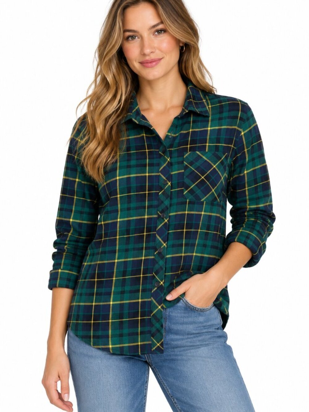 Eddie Bauer Plaid Flannel Button Down Shirt Green Blue Size S